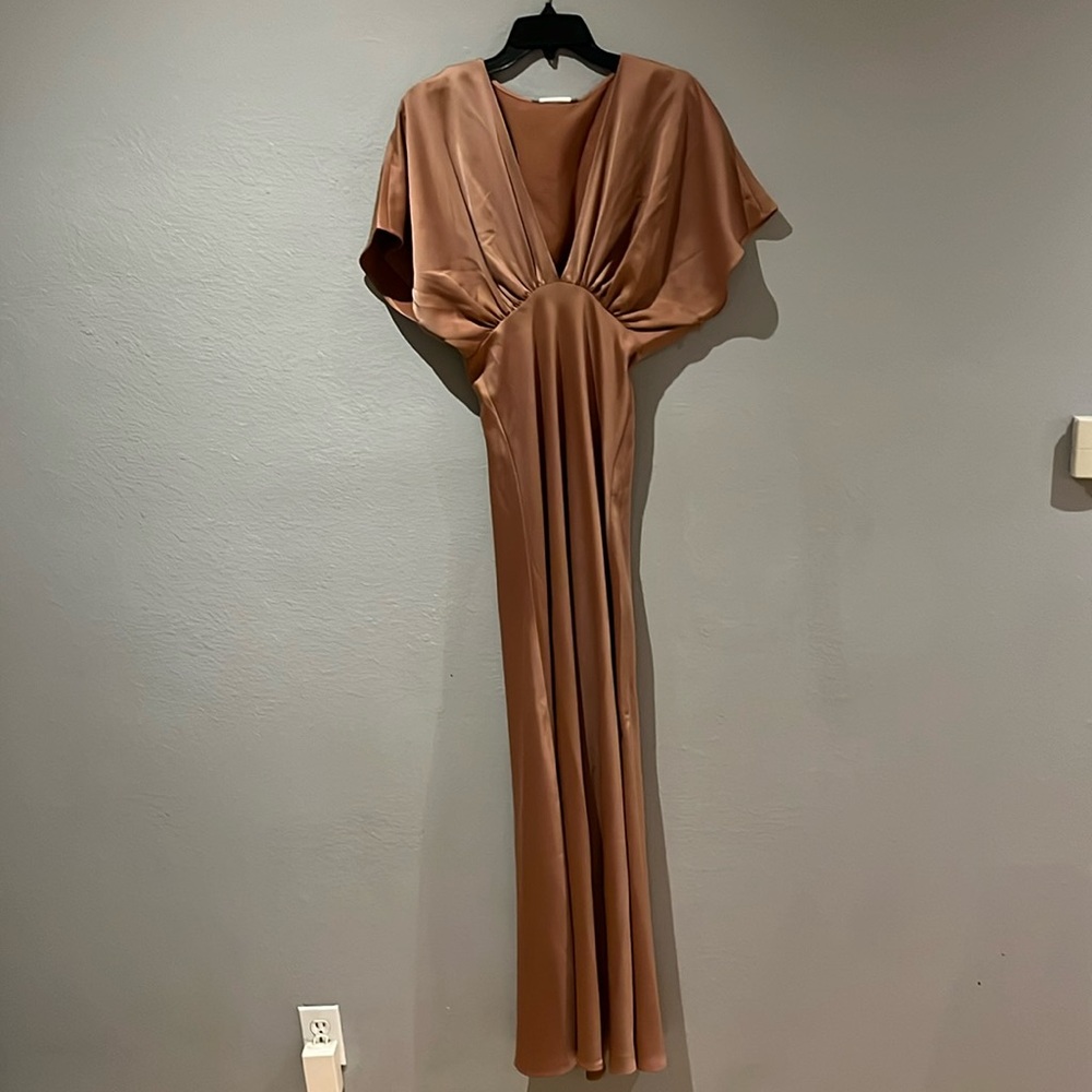 BHLDN Leila Deep-V Flutter-Sleeve Satin A-Line Gown  NWT